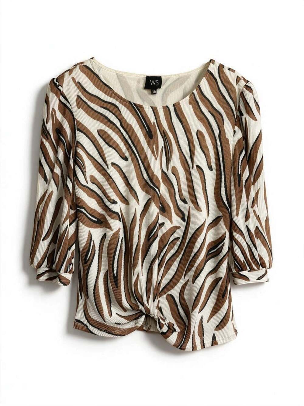 W5 Anthro Womens Size M Cream Brown Tiger Stripe Knot Hem Top Blouse Y2K 90s